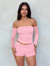 Long Sleeve One Shoulder Slim Short Two Piece Set GXYF-H0407