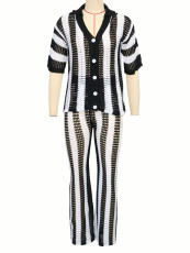 V-neck Hollow Out Striped Knit Wide Leg Pants Set SH-391227