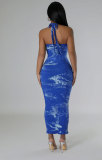 Tie Dye Print Halter Slim Maxi Dress XHXF-423