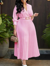 Lapel Solid Color Belt Pleated Big Swing Midi Dress GMLF-3286