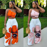 Printed One Shoulder Slim Wide Leg Pants Two Piece Set NY-10831