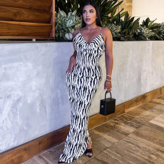 Sexy Print V Neck Backless Sling Maxi Dress XCFF-316
