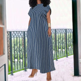 Plus Size Stripe Print Sleeveless Loose Denim Maxi Dress GDAM-218527