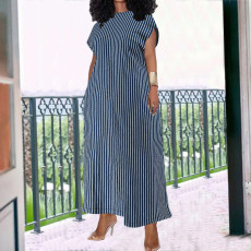 Plus Size Stripe Print Sleeveless Loose Denim Maxi Dress GDAM-218527