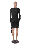 Solid Color Long Sleeve Spliced Rose Flutter Mini Dress GXYF-H0388