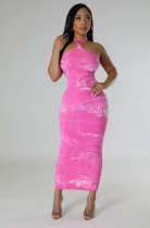 Tie Dye Print Halter Slim Maxi Dress XHXF-423