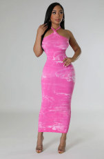 Tie Dye Print Halter Slim Maxi Dress XHXF-423