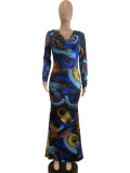 Print Long Sleeve Slim Maxi Dress QODY-6043