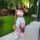 Printed One Shoulder Slim Wide Leg Pants Two Piece Set NY-10831