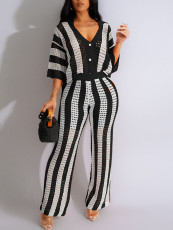 V-neck Hollow Out Striped Knit Wide Leg Pants Set SH-391227
