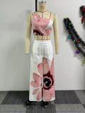 Printed One Shoulder Slim Wide Leg Pants Two Piece Set NY-10831