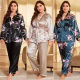 Plus Size Ice Silk Print Long Sleeve Lounge Wear Suit CGDNL-H301