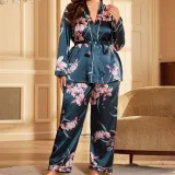 Plus Size Ice Silk Print Long Sleeve Lounge Wear Suit CGDNL-H301