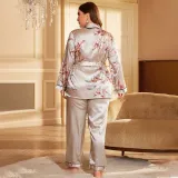Plus Size Ice Silk Print Long Sleeve Lounge Wear Suit CGDNL-H301