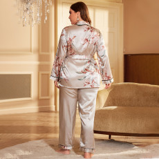 Plus Size Ice Silk Print Long Sleeve Lounge Wear Suit CGDNL-H301