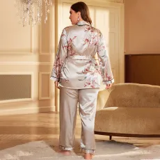 Plus Size Ice Silk Print Long Sleeve Lounge Wear Suit CGDNL-H301