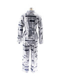 Newspaper Print Fashion Long Sleeve Tie Up 2 Piece Set SFY-507