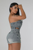 Fashion Tube Top Hollow Out Denim Romper LX-6984