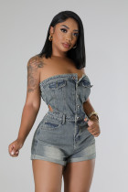 Fashion Tube Top Hollow Out Denim Romper LX-6984