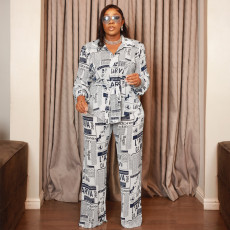 Newspaper Print Fashion Long Sleeve Tie Up 2 Piece Set SFY-507
