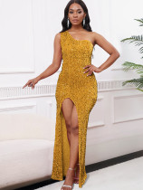 Slant Shoulder Split Sequin Gowns Long Dress GMLF-3288
