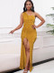 Slant Shoulder Split Sequin Gowns Long Dress GMLF-3288