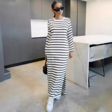 Stripe Print Long Sleeve Split Maxi Dress SFY-515