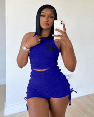Sleeveless Print Tank Tops Drawstring Shorts Suit LSL-0022
