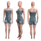 Fashion Tube Top Hollow Out Denim Romper LX-6984