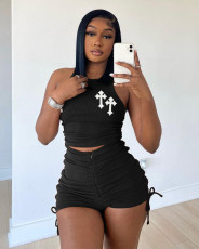 Sleeveless Print Tank Tops Drawstring Shorts Suit LSL-0022