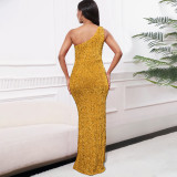 Slant Shoulder Split Sequin Gowns Long Dress GMLF-3288