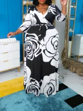 Plus Size Print V Neck Belt Maxi Dress GAWE-6292