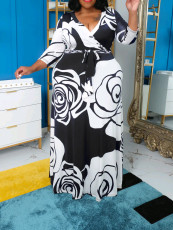Plus Size Print V Neck Belt Maxi Dress GAWE-6292