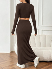 Solid Color Long Sleeve Top Fishtail Long Skirt Suit GXYF-H0413
