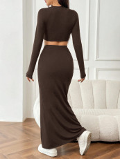 Solid Color Long Sleeve Top Fishtail Long Skirt Suit GXYF-H0413