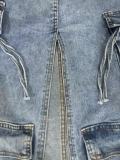 Fashion Multi-pockets Holes Split Denim Long Skirt OD-8696
