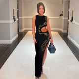 Hollow Out Snake Hot Drill Split Maxi Dress NY-3217