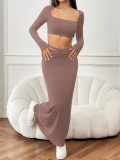 Solid Color Long Sleeve Top Fishtail Long Skirt Suit GXYF-H0413