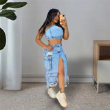 Fashion Multi-pockets Holes Split Denim Long Skirt OD-8696