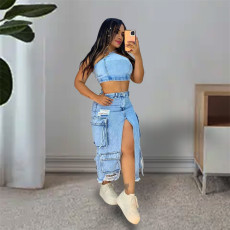 Fashion Multi-pockets Holes Split Denim Long Skirt OD-8696