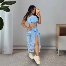 Fashion Multi-pockets Holes Split Denim Long Skirt OD-8696