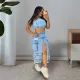 Fashion Multi-pockets Holes Split Denim Long Skirt OD-8696