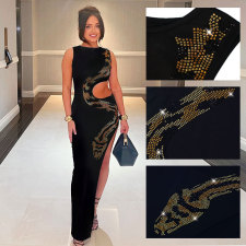 Hollow Out Snake Hot Drill Split Maxi Dress NY-3217