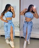 Fashion Multi-pockets Holes Split Denim Long Skirt OD-8696