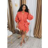 Fashion V-neck Tie Up Long-sleeve Mini Dress ASL-6739