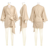 Fashion V-neck Tie Up Long-sleeve Mini Dress ASL-6739