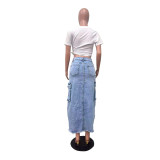 Fashion Multi-pockets Holes Split Denim Long Skirt OD-8696