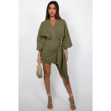 Fashion V-neck Tie Up Long-sleeve Mini Dress ASL-6739