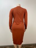 Plus Size Long Sleeve Solid Color Midi Dress GAWE-6299