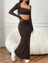 Solid Color Long Sleeve Top Fishtail Long Skirt Suit GXYF-H0413
